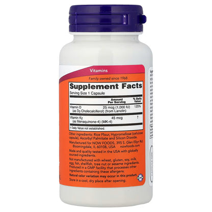 NOW Foods Vitamin D3 + K2 120粒 | 強化骨骼 促進鈣吸收 支援免疫 維護動脈健康