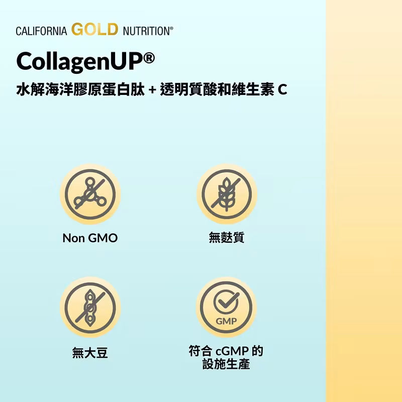 California Gold Nutrition CollagenUP® 水解海洋膠原蛋白肽 + 透明質酸 + 維他命C | 美肌護膚 頭髮指甲關節全效支援