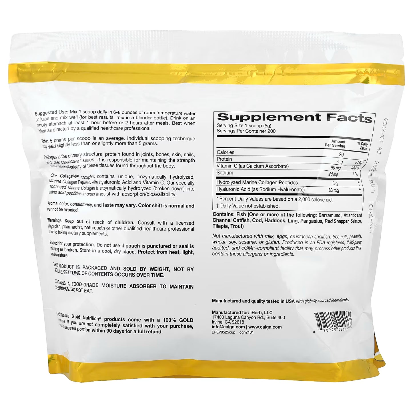 California Gold Nutrition CollagenUP® 水解海洋膠原蛋白肽 + 透明質酸 + 維他命C | 美肌護膚 頭髮指甲關節全效支援