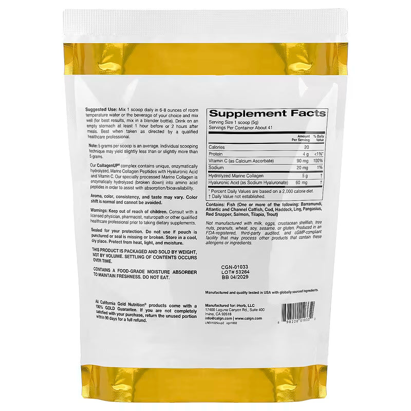 California Gold Nutrition CollagenUP® 水解海洋膠原蛋白肽 + 透明質酸 + 維他命C | 美肌護膚 頭髮指甲關節全效支援