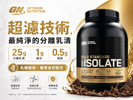 Optimum Nutrition Gold Standard 100% Isolate 分離乳清蛋白 3磅 - 25g蛋白質，超低碳水